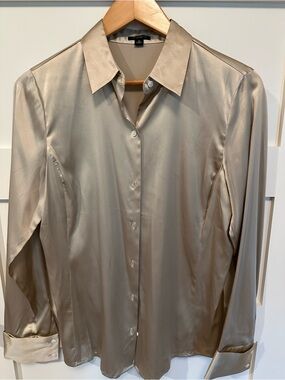 Ann Taylor Satin Button-Up Blouse in Champagne Beige